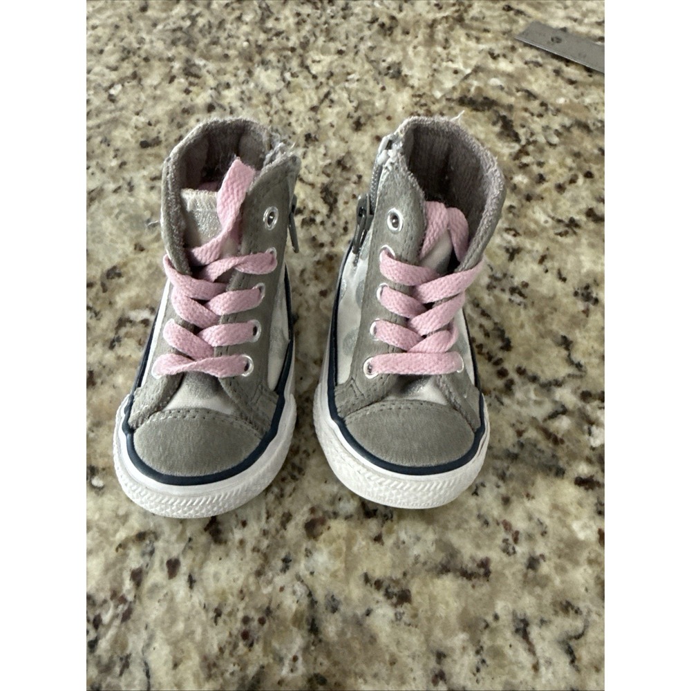 CONVERSE Infants Chuck Taylor Side Zip Hi Sneaker sz4 pink metallic silver dots